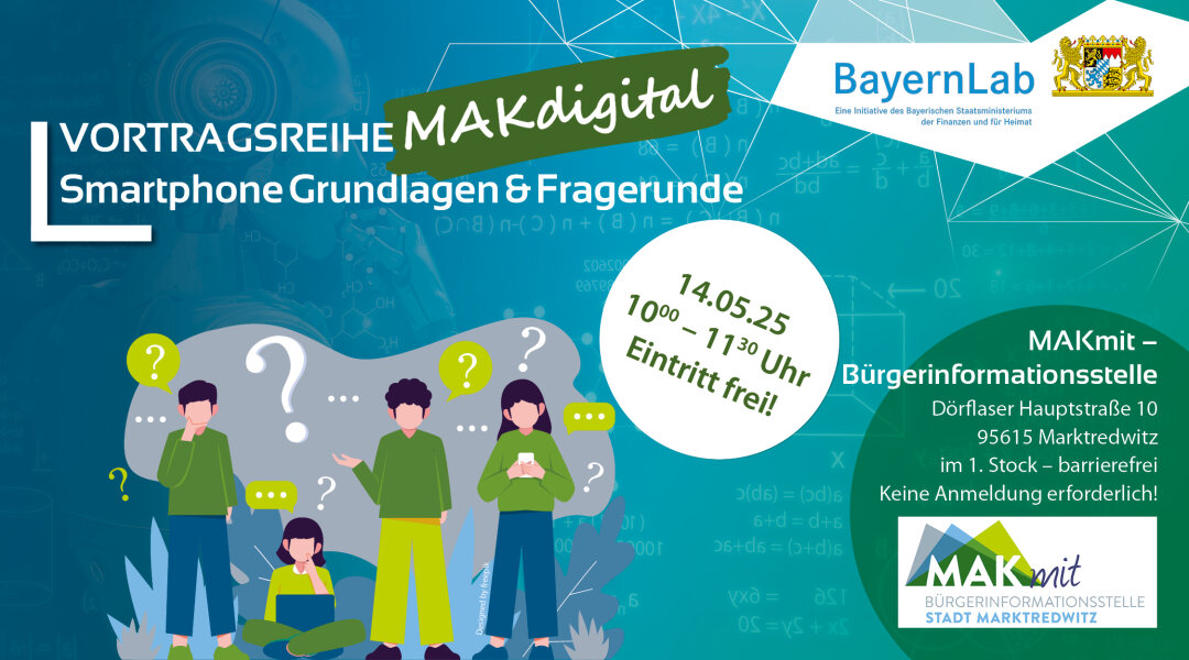 Termingrafik für Vortragsreihe MAKdigital am 14.5., 10.00 - 11.30 Uhr, Smartphone Grundlagen & Fragerunde