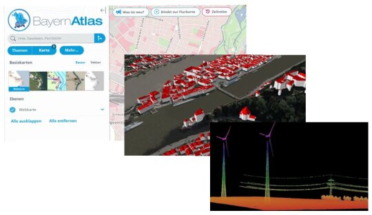 Bilder vom BayernAtlas, Gebäudemodell und Laserscanning versetzt überlappend